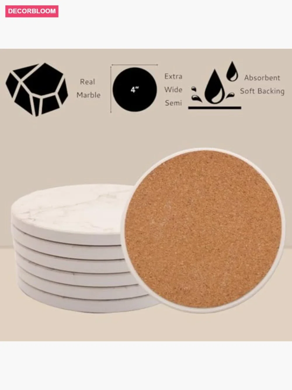 Set of 6 Round Ceramic Stone Coasters with Metal Holder - 4 Inch